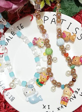 原创手工kitty猫水晶串珠项链女