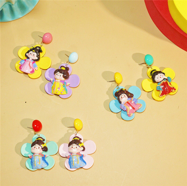 原创手作耳饰潮玩古风卡通唐朝美人杨贵妃胖女孩花瓣搞怪耳环耳钉