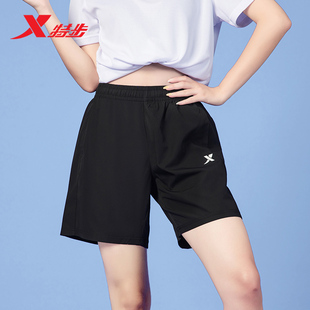 特步运动短裤女2026夏季宽松速干薄款大码透气黑色裤子女士五分裤