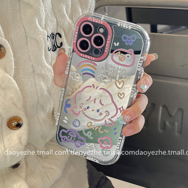 可爱涂鸦女孩镜面oppoReno15手机壳Reno14/13新款FindX8S+防摔X9/8补妆镜12/11小众10pro+创意硅胶全包保护套