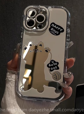 可爱招手小猫镜面适用小米17promax手机壳K90/15小众K80补妆镜note14新款K7e0硅胶K50红米K60女13防摔K40全包