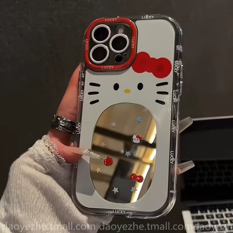 可爱大脸KT猫镜面适用于小米15手机壳K80/13小众K70e补妆镜note14新款K60硅胶红米K50女款12X防摔K40pro+全包