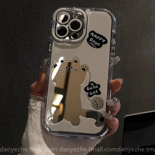 可爱招手小猫镜面oppoReno15手机壳Reno14/13新款FindX8S+防摔FindX9/12小众补妆镜10/11女创意硅胶8pro+全包