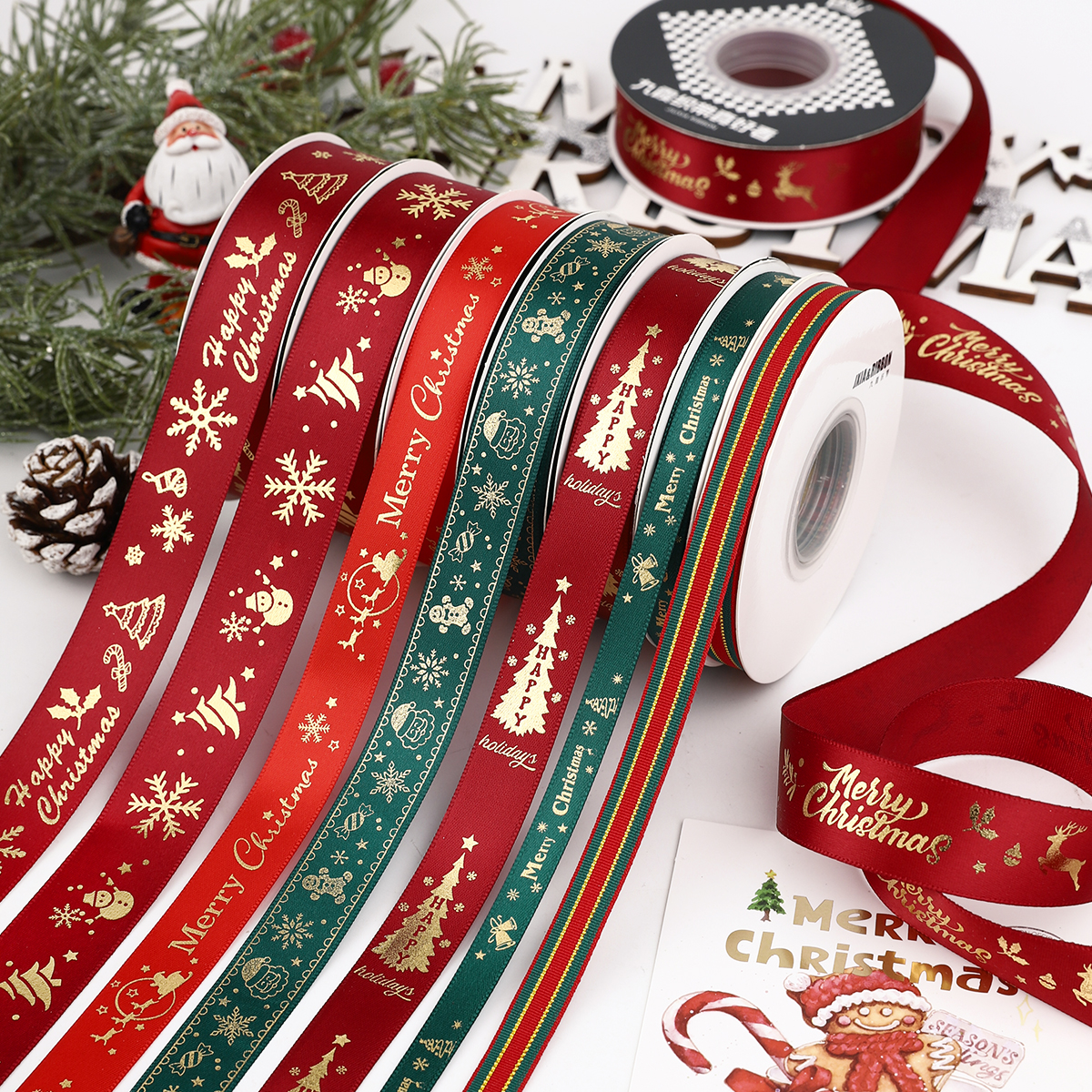 圣诞丝带礼物盒包装彩带烘焙圣诞节蝴蝶结蛋糕装饰烫金红绿色缎带
