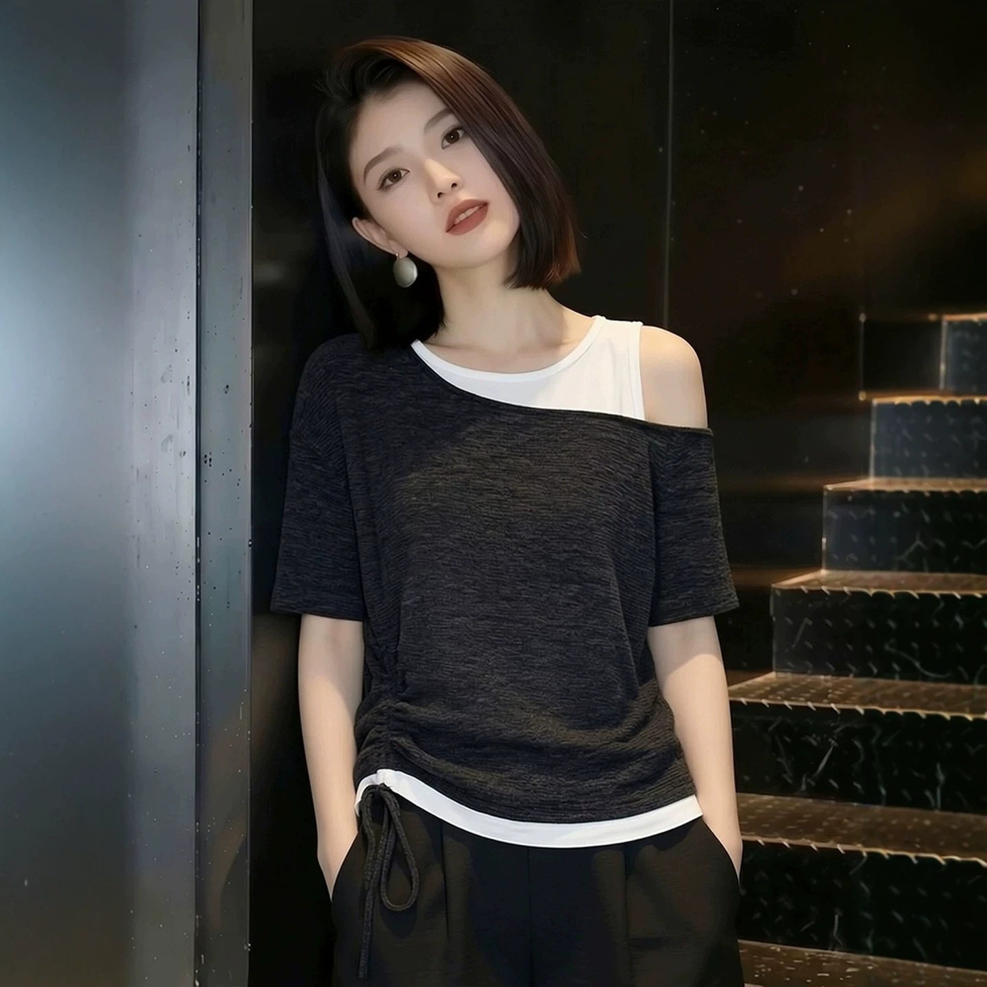 韩版撞色假两件设计感黑