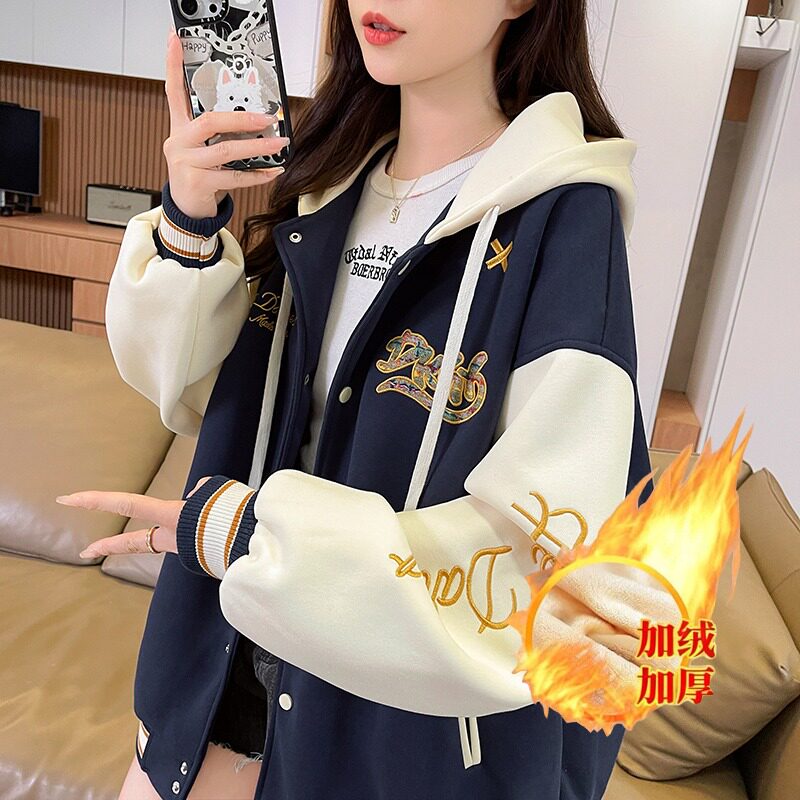 秋冬加绒加厚超复合实拍加绒棒球服98260上衣ins撞色真新款华棉女