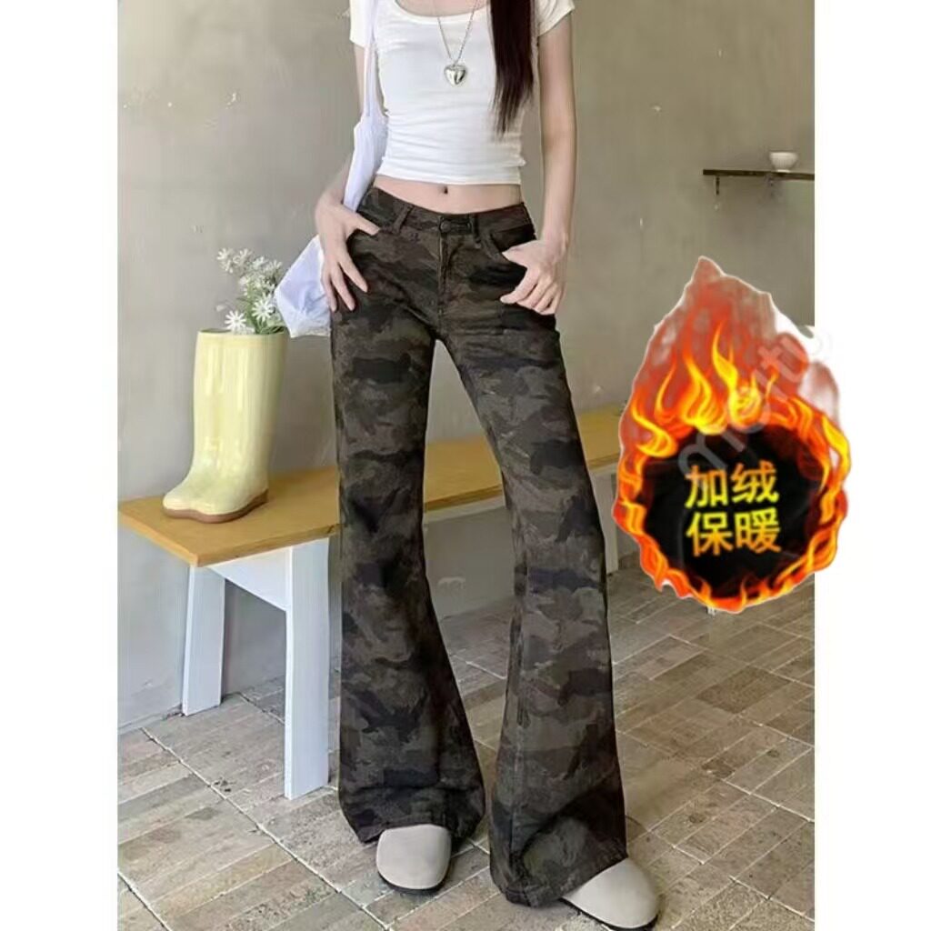 宽松女加绒直筒垂感微喇裤牛仔裤水洗美式复古冬季显瘦迷彩设计感