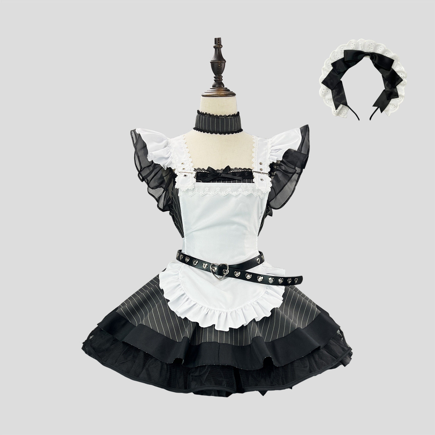 新品 复古黑白条纹Lolita女仆装亚文化日系可爱围裙套装cos连衣裙
