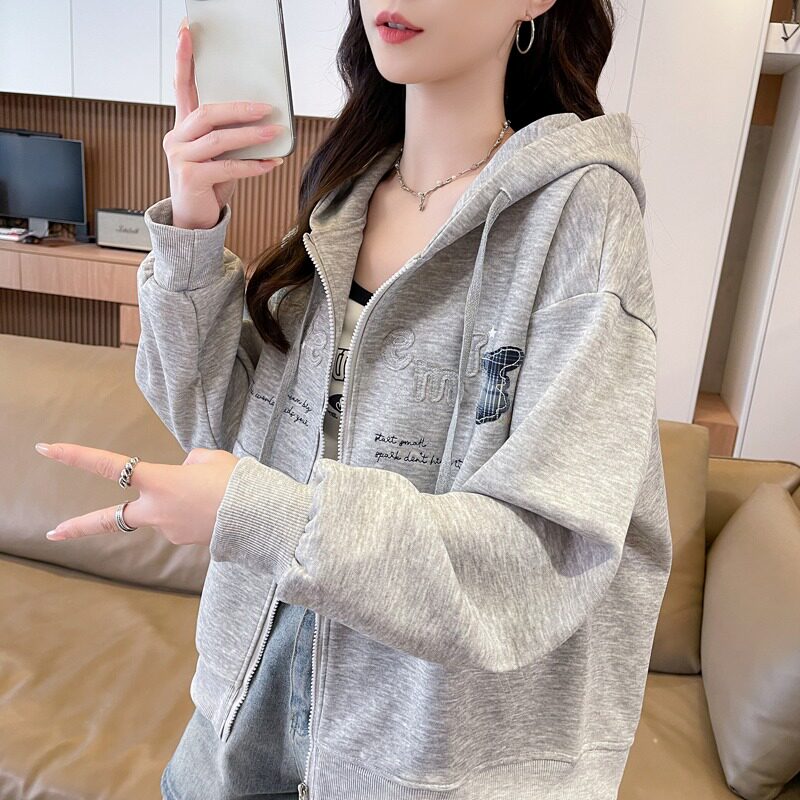 设计感双帽新款仿开衫实拍宽松卫衣女小个子复合贴布绣上衣华棉