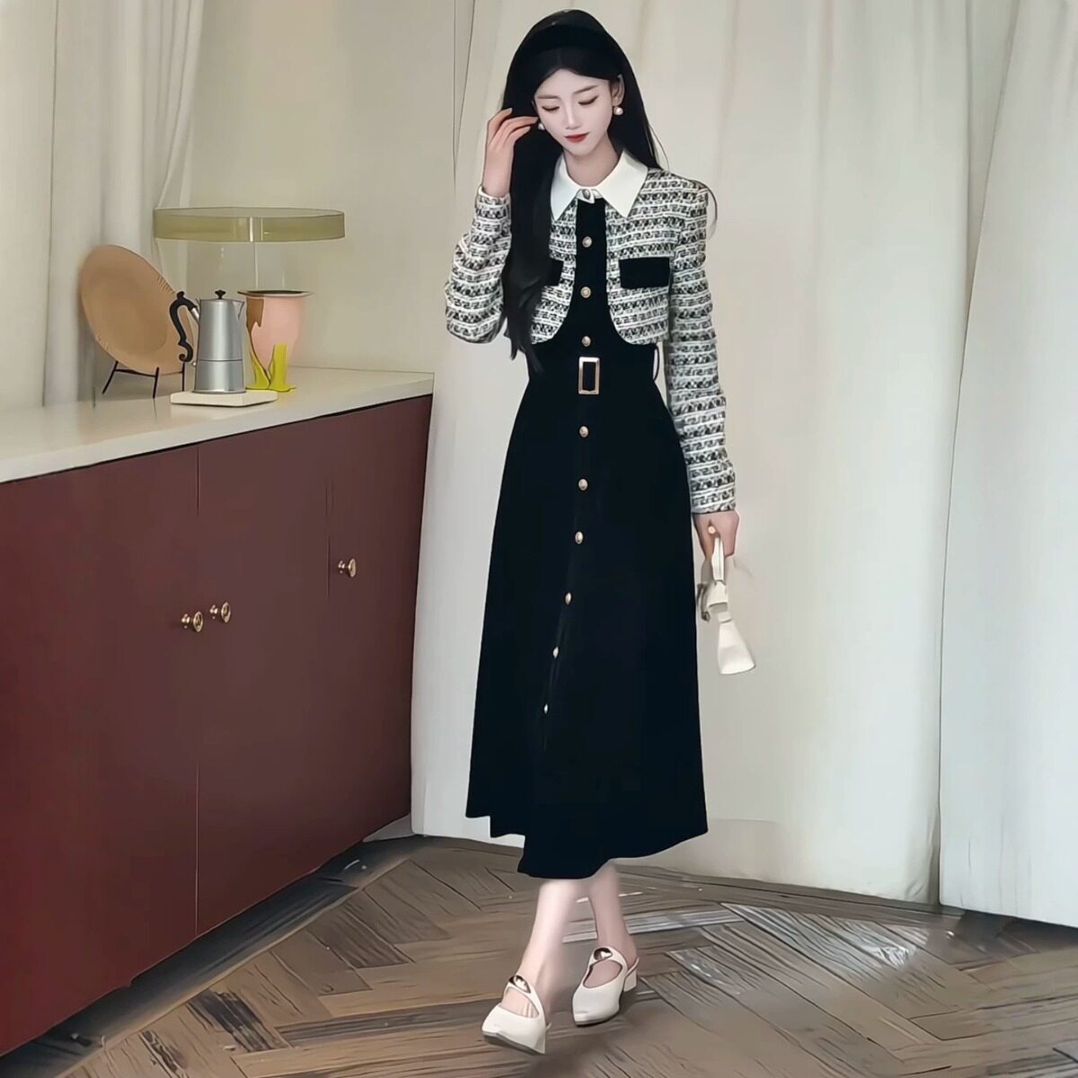 假两件条纹收腰2026小香显瘦法式风格连衣裙长裙子冬季女装气质