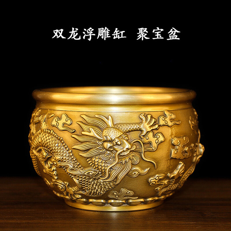 铜缸纯铜大号祥瑞九龙缸聚宝盆客厅装饰品创意烟缸办公室招财摆件