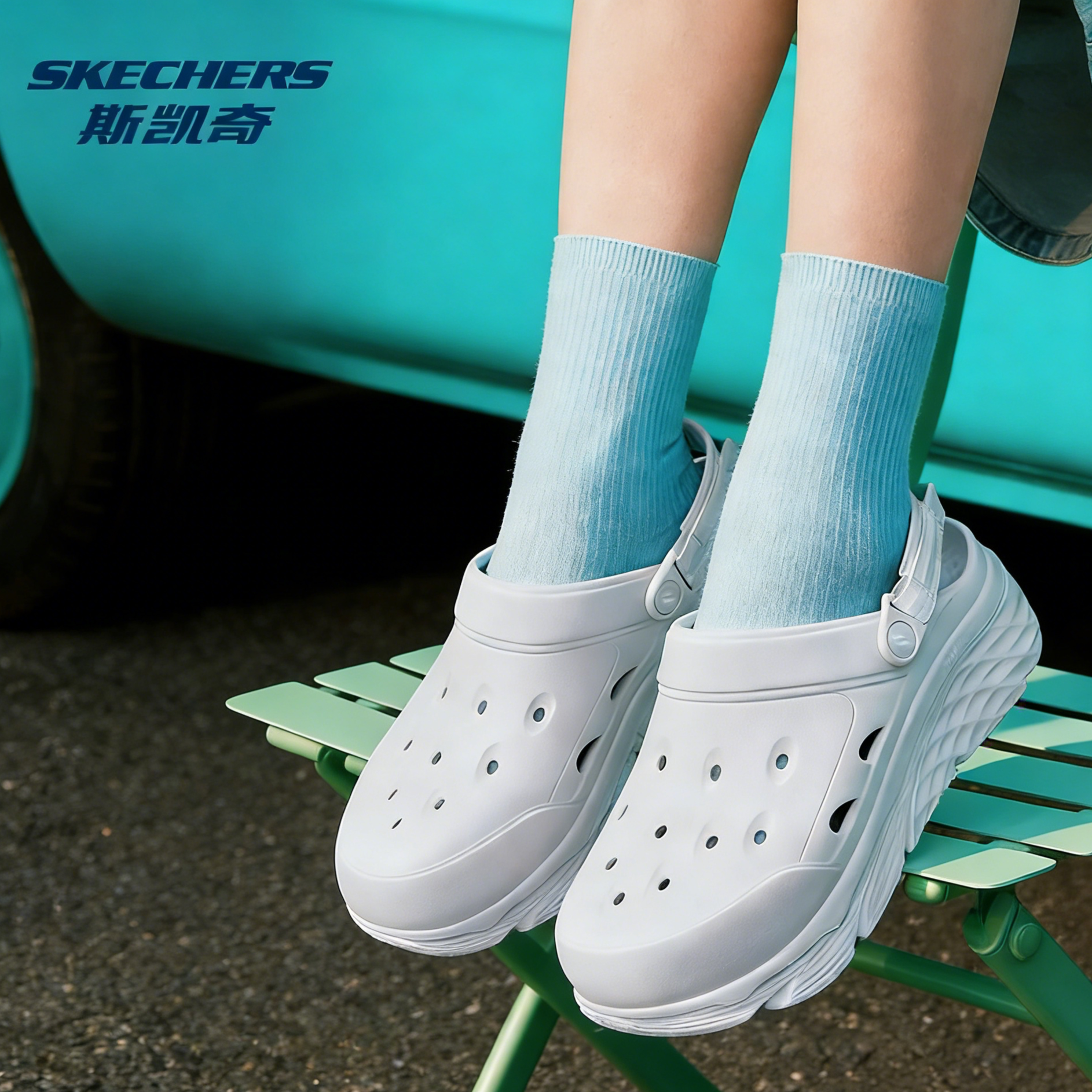 成毅同款丨Skechers斯凯奇女鞋海豚泡泡鞋轻质厚底增高百搭凉拖鞋图片
