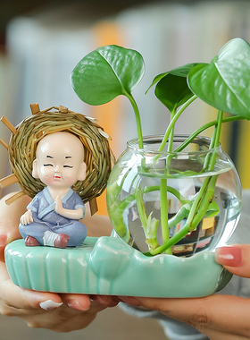 速发新中式花皿客厅插花透明玻璃器瓶水培植物黄葛金水培花器装饰