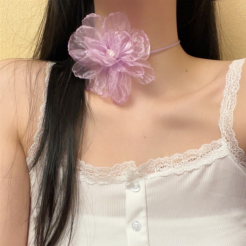 速发超仙彩色绢纱花朵绑带项链气质晚宴礼服choker项圈性感颈带腕