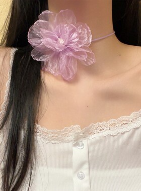 速发超仙彩色绢纱花朵绑带项链气质晚宴礼服choker项圈性感颈带腕