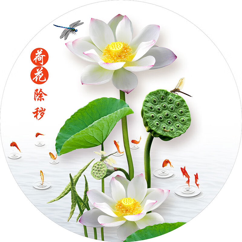 荷花净秽图厨房卫生间自粘墙贴纸画圆形荷花鲤鱼图装饰画水火既济