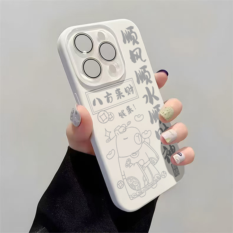 ins风小视窗带镜头膜适用苹果16Promax手机壳iPhone15Promax液态硅胶14Pro八方来财13创意12情侣防摔保护套