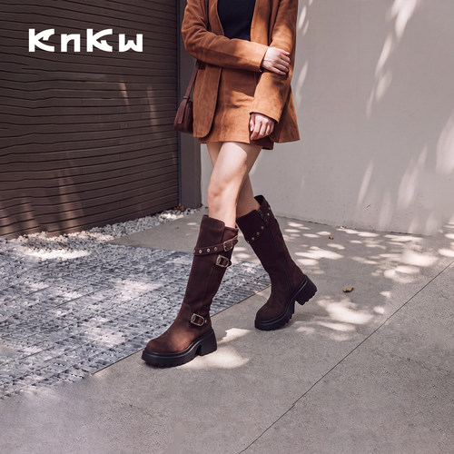 knkw秋冬女棕色厚底中长筒骑士靴