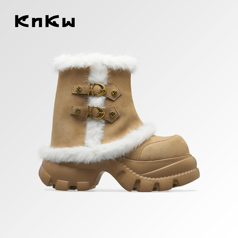 knkw加绒雪地靴2025秋冬新款琥珀棕裤管靴女款厚底保暖户外雪地靴