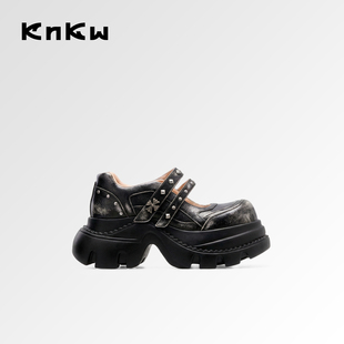 knkw粗跟圆头浅口单鞋女2026夏新款厚底玛丽珍擦色复古风小皮鞋女