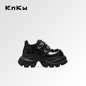 新款 复古时尚 深口单鞋 knkw暗夜精灵2026春季 黑色厚底圆头小皮鞋 女