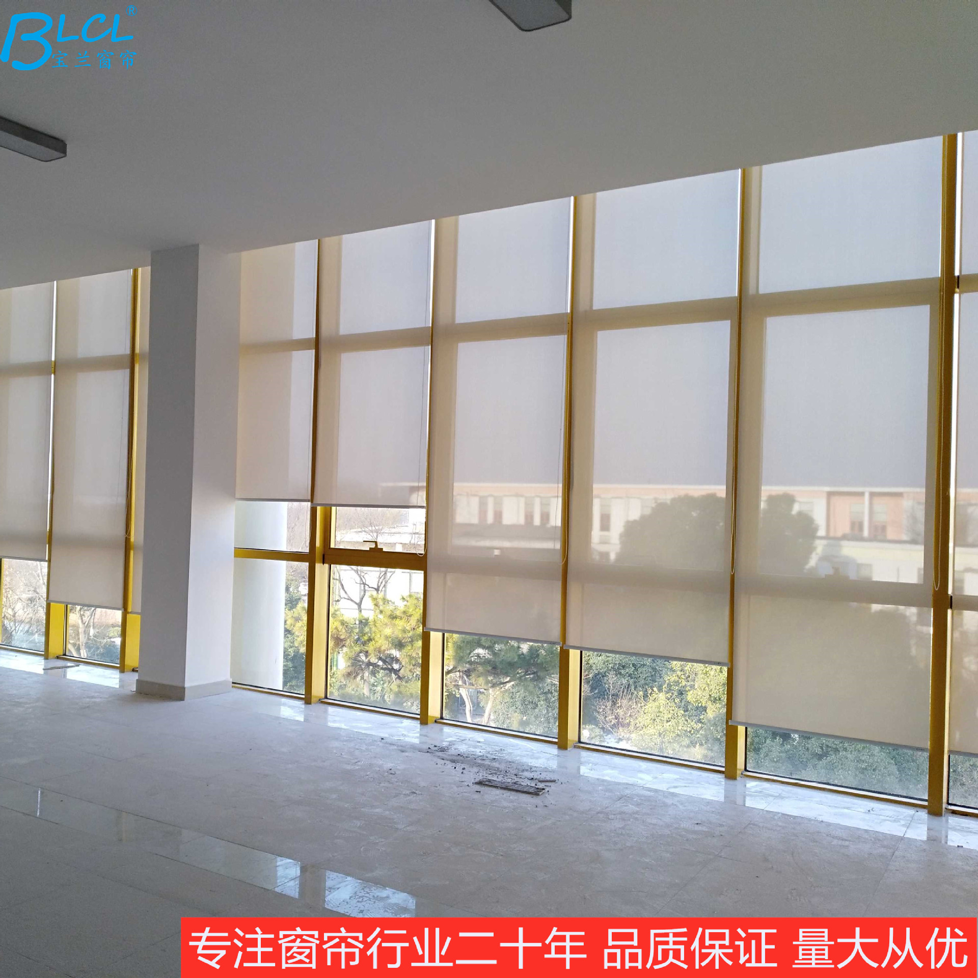 新款阻燃半遮光透景遮阳卷帘阳光面料办公室工程电动手动窗帘