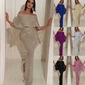 dress large Women wrapped sequined edge slit ruffle chest