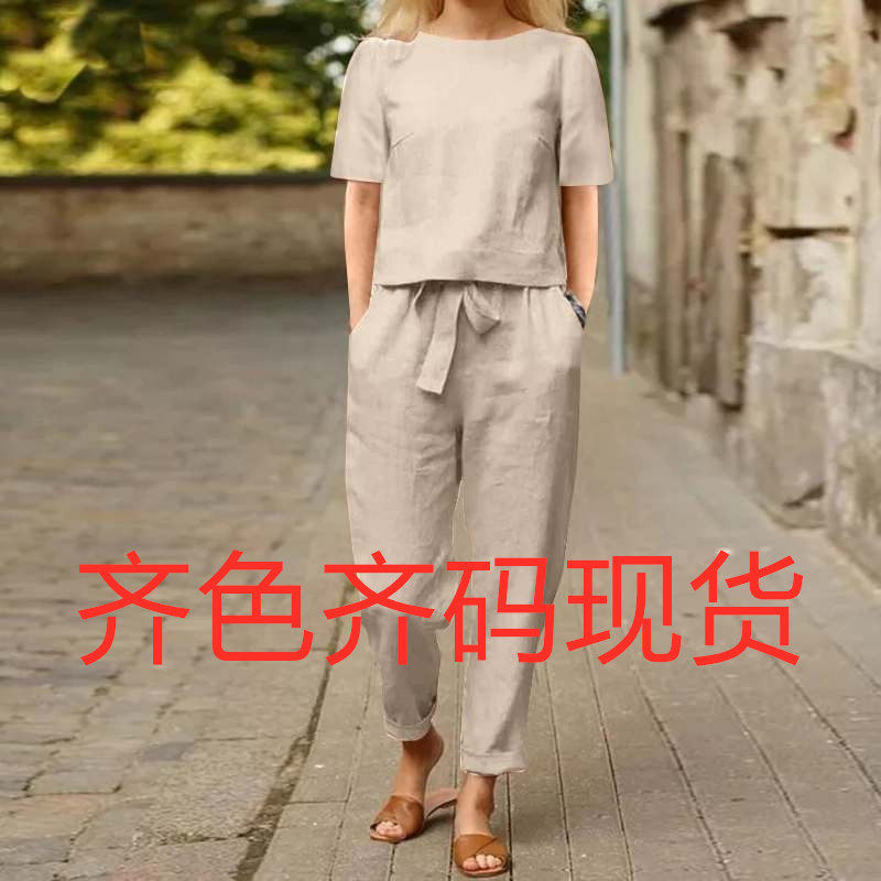 Women cotton and linen half sleeve+wide leg pants set女套装