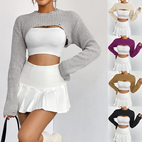 Women's ultra short half cut top pullover knitted sweater女