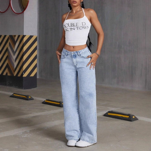 Women straight tube loose wide leg washed denim jeans牛仔裤