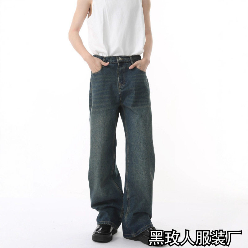 Loose retro washed denim jeans for men/women with wide legs图片
