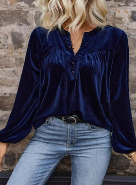Women's V-neck button up long sleeved shirt套头V领长袖上衣女