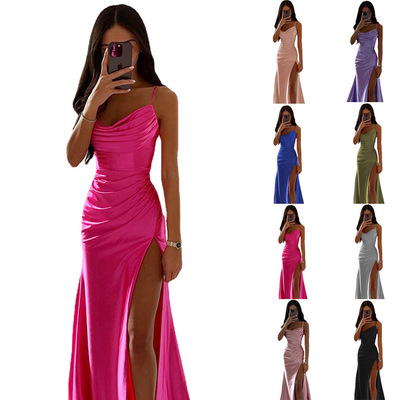 Women strapless pleated slit satin dress女抹胸开叉缎面连衣裙