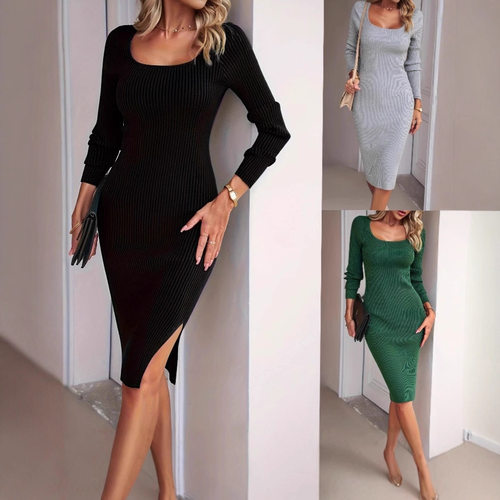 Women's waist hugging slim slit long skirt女包臀开叉圆领长裙