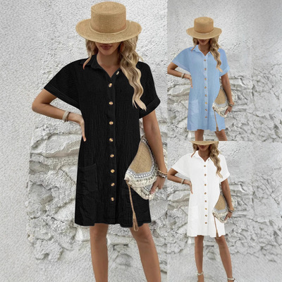 Women's collar button up shirt dress女休闲翻领纽扣衬衫连衣裙