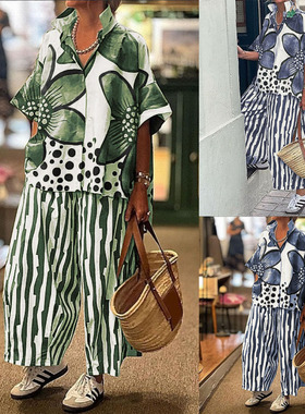 5XL Large Printed Shirt+Pants Set女大码花卉印花套装衬衫长裤