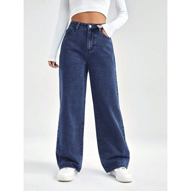 High waisted straight leg washed denim jeans for women牛仔裤图片