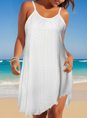 Women's white suspender hollow dress女白色吊带镂空花纹连衣裙