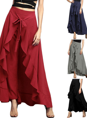 Women's plus size wide leg high waist chiffon pants女雪纺裤