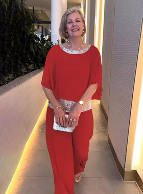 5XL Large Women's Sparkling Bat Bat Shirt+Wide Leg Pants Set