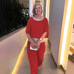 Shirt Set Women Pants Leg Wide Bat Sparkling Large 5XL