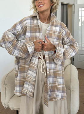 Women retro plaid long sleeved lapel shirt jacket女衬衣外套