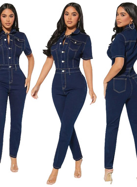 plus size women clothes Denim jumpsuits long one pieces 连体