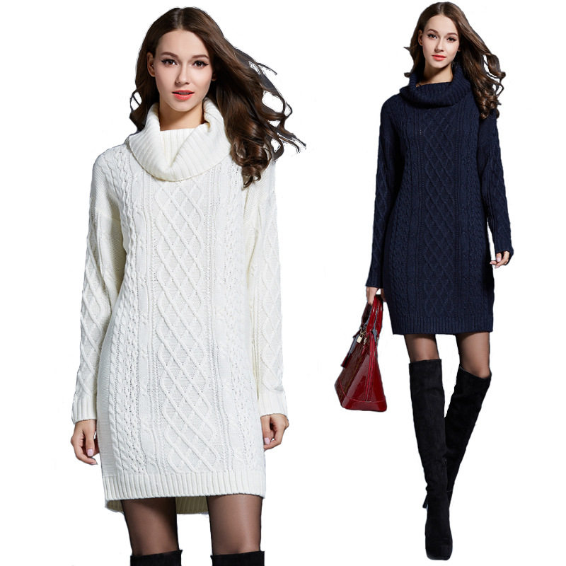 Large women long high neck sweater大码针织衫连衣裙长款毛衣女