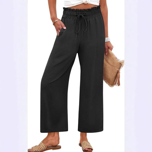 Women's high waisted wide leg pants女抽绳高腰口袋阔腿裤休闲