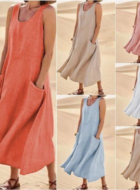 Women's sleeveless round neck cotton and linen dress女连衣裙