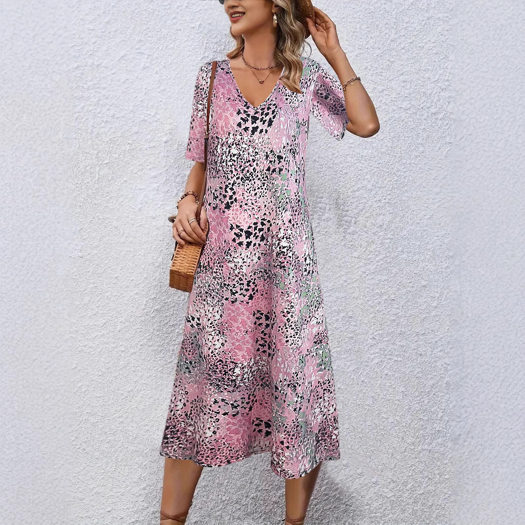 Women printed short sleeved dress印花夏V领短袖镶花连衣长裙女