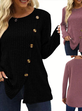 Women button slit long sleeved knitted top女纽扣长袖坑条上衣