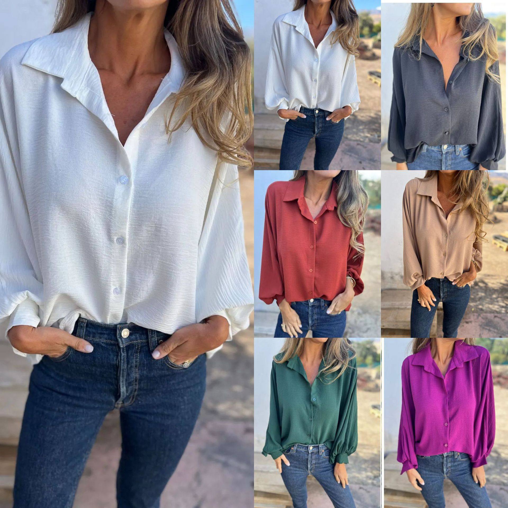 Women's long sleeved collared button up shirt长袖翻领衬衫女