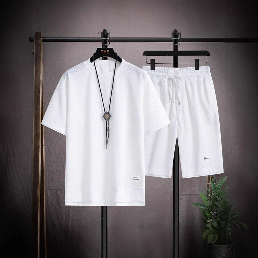 Men's Waffle Short Sleeve+Shorts Set男装华夫格短袖+短裤套装